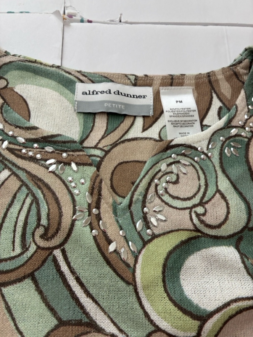 Alfred Dunner Boho Embellished Green and Brown Swirl Patterned Fringe Hem Blouse - Picture 8 of 9